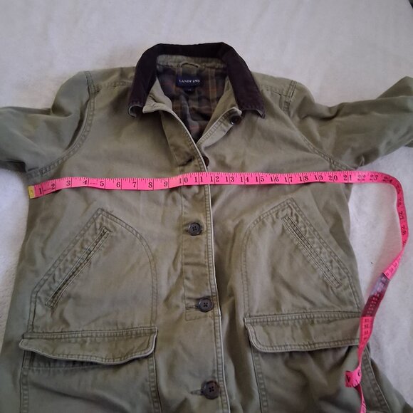 Lands' End Women's Medium Petite Khaki Green Plaid Lined Canvas Chore Coat - Picture 12 of 14